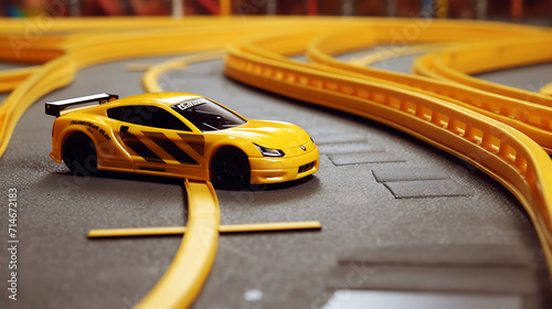 A yellow RC car racing on a track.