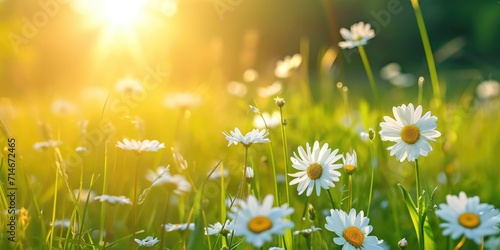 meadow with daisies in sunny morning grass field