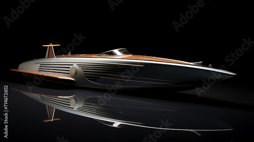 A black and white vintage speedboat from the 1930s.