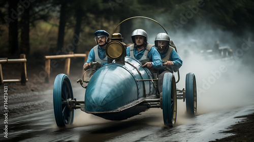 A blue human-powered vehicle race.