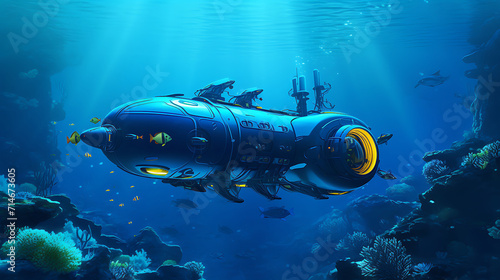 A blue submarine racing underwater.