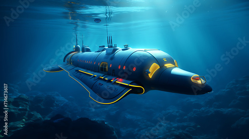 A blue submarine racing underwater.