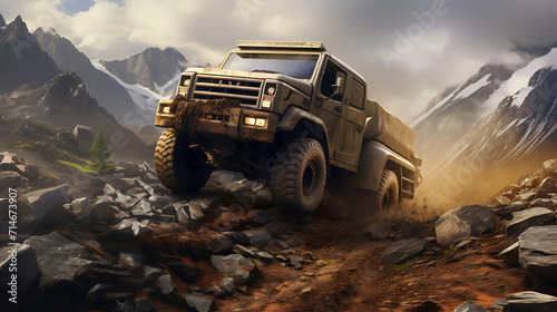 A brown off-road truck conquering rocky terrain.