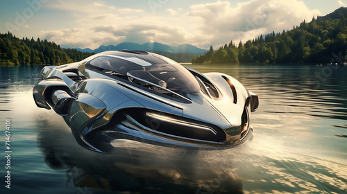 A futuristic silver hovercraft racing above the water.