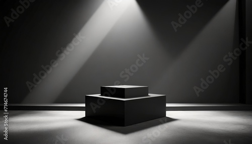 elegant black cube stand for product placement mockup dark podium exhibition scene background minimal box platform showroom with spot light