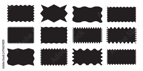 Zig zag Wavy Edge Rectangle Shapes frame Set. Vector Jagged Geometric Rectangular. Wiggly undulate square black graphic design elements for decoration, banner, poster, frame, template, sticker, badge.