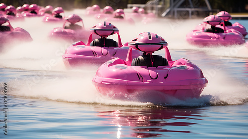 A pink remote-controlled hovercraft race on water.