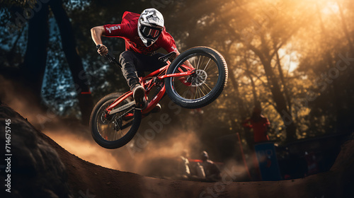 A red bicycle motocross (BMX) rider in a park.