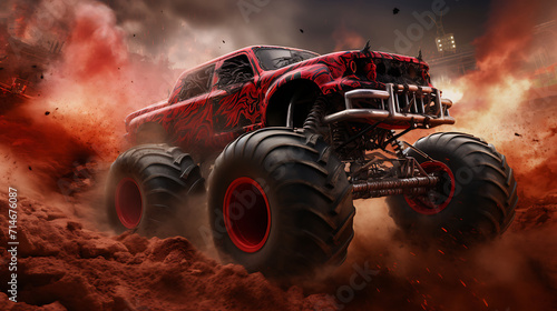 A red monster truck crushing cars in an arena.