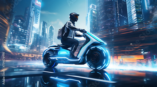 A teal autonomous electric scooter race in a futuristic city.