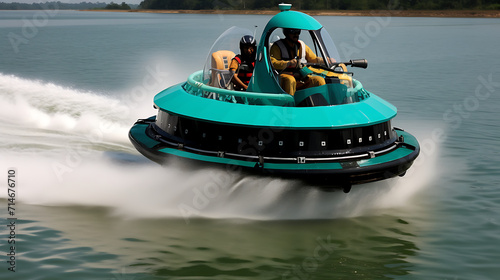 A teal hovercraft racing on both land and water.