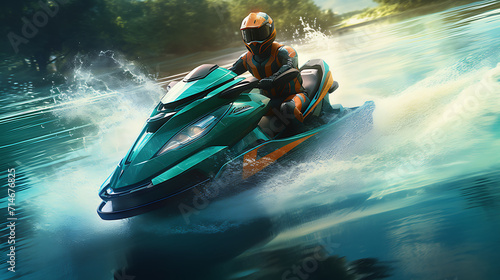 A teal racing jet ski on a watercourse.