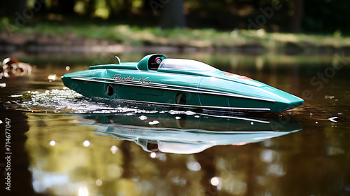A teal radio-controlled speedboat in a pond race.