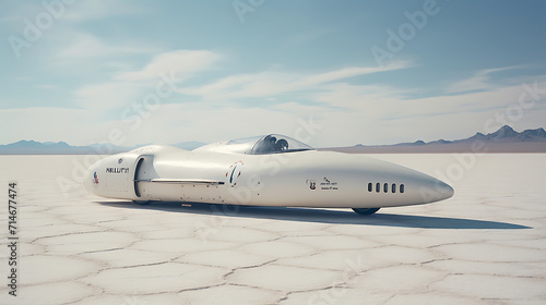 A white rocket-powered car attempting a land speed record.