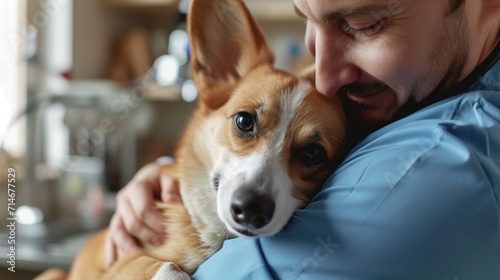 Friendly man vet in blue uniform cuddling, embracing pembroke welsh corgi dog, doctor carrying and playing with little dog after treatment, generative ai