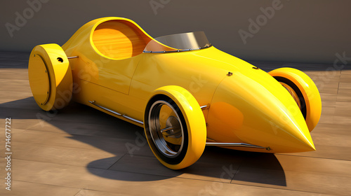 A yellow soapbox derby car in a gravity race.