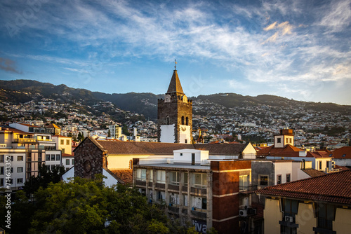 view over old town of funchal, madeira, cathedral, early morning light, portugal