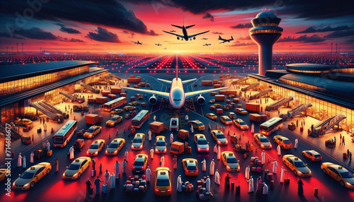 Vibrant Sunset at a Bustling Airport with Airplanes and Ground Traffic
