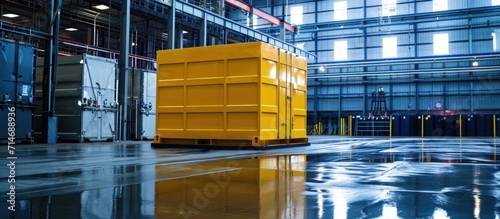 A yellow metal container for oil containment is in an industrial warehouse.