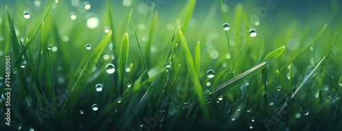 Closeup view Beautiful Green grass with rain drops. AI generated image