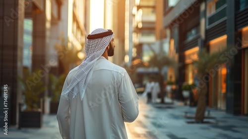 Successful middle-eastern man wearing emirati kandora traditional clothing in the city - Arabian muslim businessman strolling in urban business centre.
