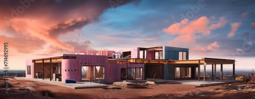 Building construction site with modern concrete and steel on sunset view. AI generated image