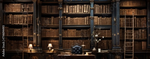 The wall full shelf of ancient books and manuscripts in library room vintage style. AI generated
