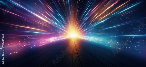 Colorful vibrant lighting speed streaks gathering horizon background. AI generated image