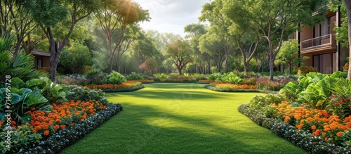 Green grass in the garden with sunlight. Nature and environment concept.
