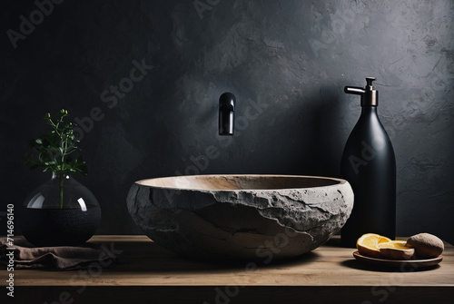 Close up of stylish stone round vessel sink on rustic wooden counter and black wall mounted faucet on grey stucco wall with copy space. Minimalist interior design of modern bathroom