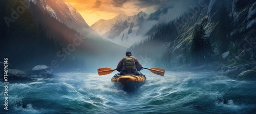 A man with a whitewater kayak goes down a fast flowing river from the mountains. AI generated image