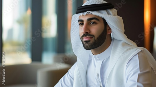 Serious man with dish dasha working in his business office of Dubai. Portraits of a successful businessman in traditional emirates white dress. Concept about middle eastern cultures