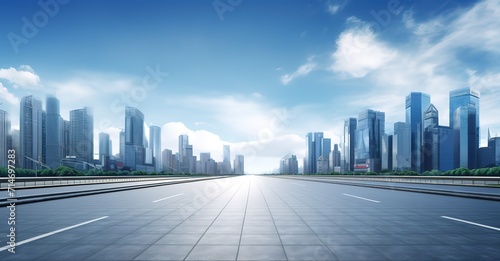 A straight road with tall buildings next to it with a view of the clear sky. generative ai