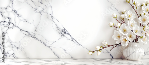Spring flowers in vase on neutral white marble minimalist background banner, website header, copy space. Mother's day, Women's Day, spa, easter, card. Generative AI.