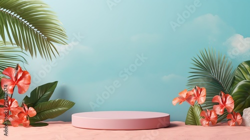 Summer themed tropical podium for product or cosmetics display. Background for branding, packaging and product advertising.