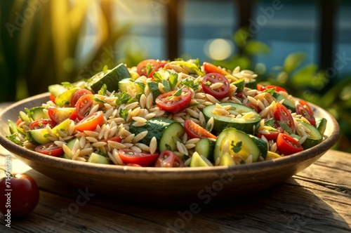 A wooden bowl filled with orzo pasta, cherry tomatoes, cucumbers, and herbs, sitting on a wooden table outdoors.