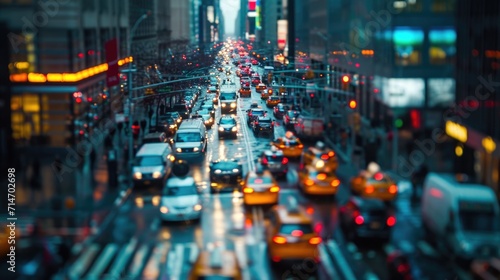 Top view Out of focus with multiple overlapping exposures of a busy city street on rainy day . Big traffic with cars 