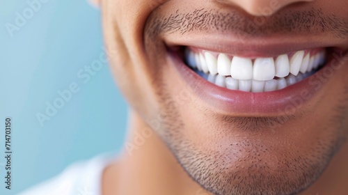 Young man with beautiful smile on blue background. Teeth whitening