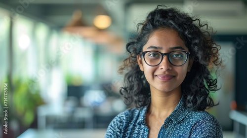 Young successful Indian IT developer female engineer working inside the office of a development company portrait of a female programmer with curly hair and glasses, smiling and looking at the camera.