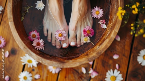 Herbal Foot Soak with Vibrant Flowers. Vibrant flowers around feet in a soothing herbal spa treatment.
