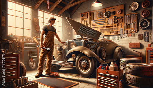 A mechanic stands proudly in a well-organized garage, tools hung meticulously behind an open vintage car.Car repair service concept. AI generated. 