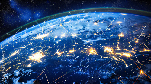 Earth viewed from space at night with city lights, representing global connectivity.