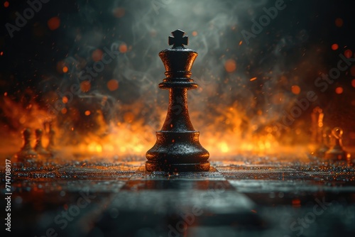stylish black chess stands on a chessboard and a fire is burning around. Gloomy environment