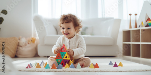 Portrait happy kid playing in a kindergarten or children's room at home with wooden educational toys. Concept of leisure, development, education. Banner