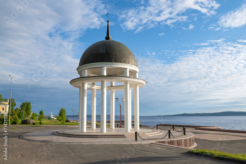 Rotunda gazebo on Onega lake in the early June morning. Petrozavodsk, Kareli. Russia