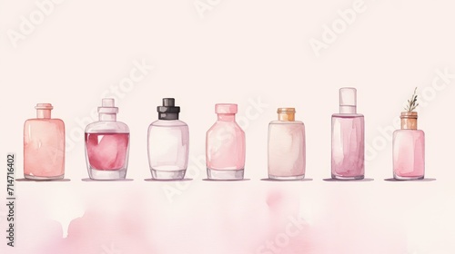 watercolor illustration on a pastel background with different cosmetic bottles. Cosmetic background