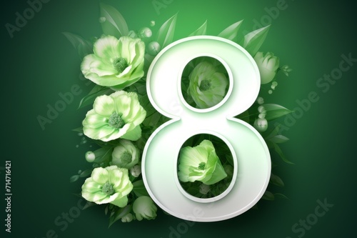 white number 8 on a green background with light green flowers. Postcard for March 8th