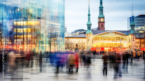 Blurred people walking in front of Hamburg Hauptbahnhof.