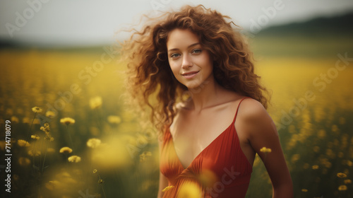 Bellissima ragazza con capelli ricci in un prato pieno di fiori in primavera