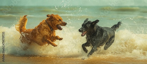 Two canines, one ebony and one golden caramel, frolic together on the sandy shore, amidst the waves.